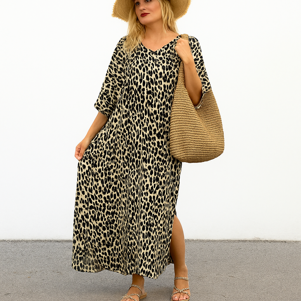 Leopard Rayon Maya Kaftan Dress One Size Fits All 16 to 26