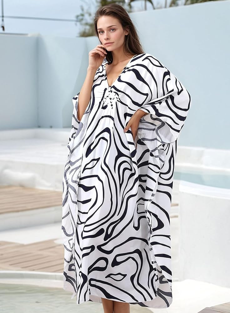 White Tropical Resort Cotton Bamboo Kaftan