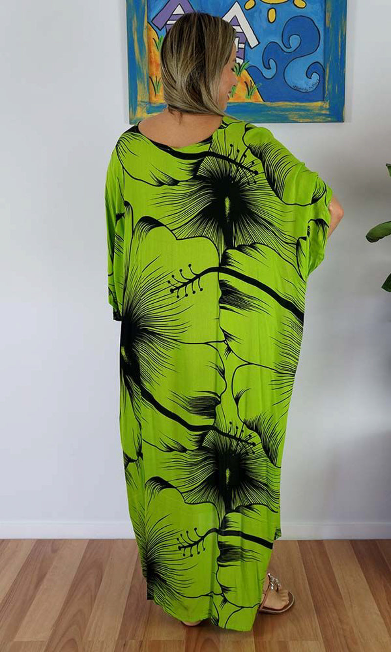 Maya Kaftan Dress One Size Fits All 16 to 26-Green Hibiscus