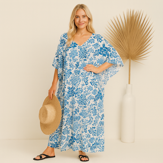 Maya Tropical White Rayon  Kaftan Dress O/S AU 12-22