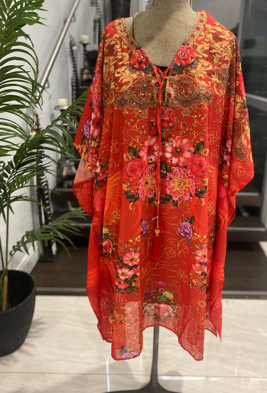 Maya Red Embellished Short Kaftan Tunic Top One Size 10 to 22