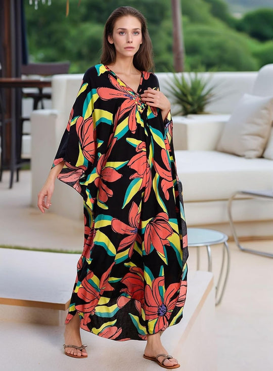 Black Maya Tropical Loose, Casual Kaftan -  AU 8-20