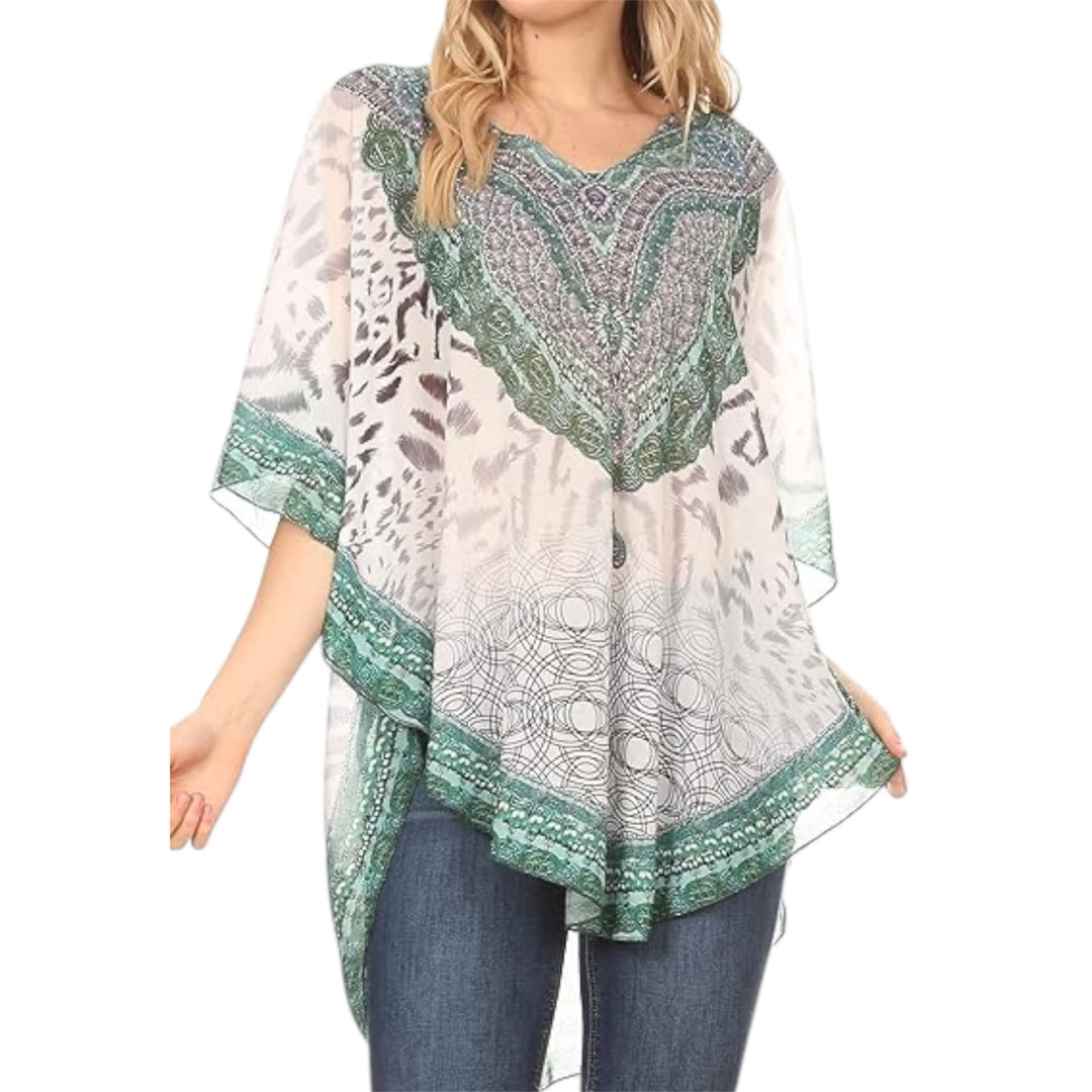 Kyra Relax Fit Bohemian Sheer Embellished  Kaftan Top One Size 10 to 22-White Olive