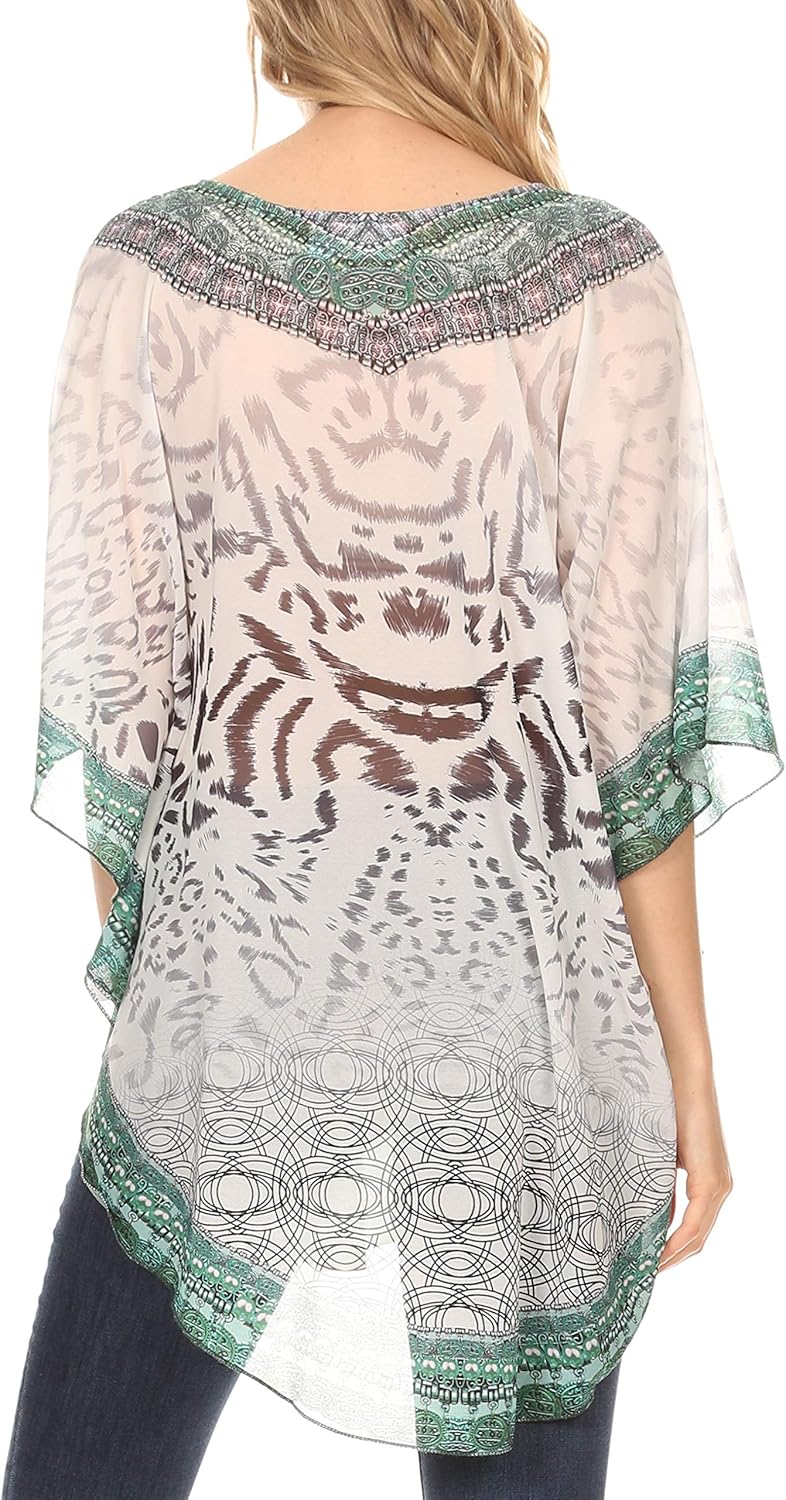 Kyra Relax Fit Bohemian Sheer Embellished  Kaftan Top One Size 10 to 22-White Olive