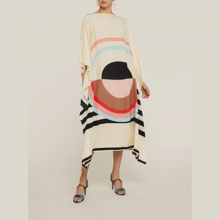Lillie Beige Geometrical MIDI  Kaftan Dress