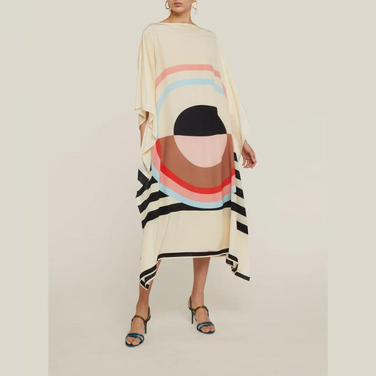 Lillie Beige Geometrical MIDI  Kaftan Dress