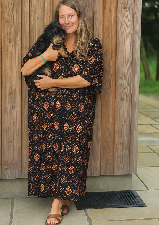 Maya Black Cotton Boho Kaftan Dress- Sizes Available AU 14-30