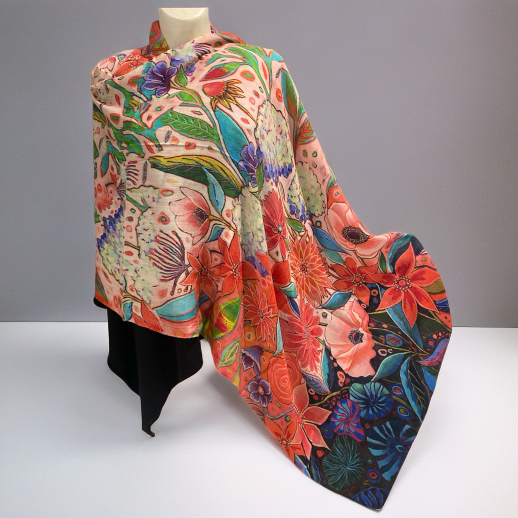 Floral Wearable Art 100% Cashmere Julian Scarf /Wrap