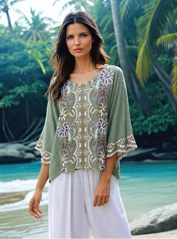 Sage Embroidered Maya Top Tunic KaftanOSFA 14-24