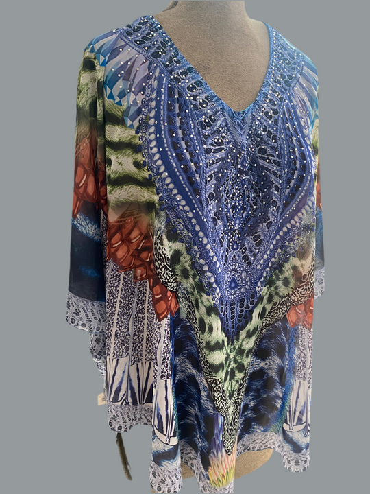 Kyra Relax Fit Bohemian Sheer Embellished  Kaftan Top One Size 10 to 22