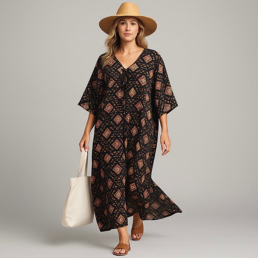 Maya Black Cotton Boho Kaftan Dress- Sizes Available AU 14-30