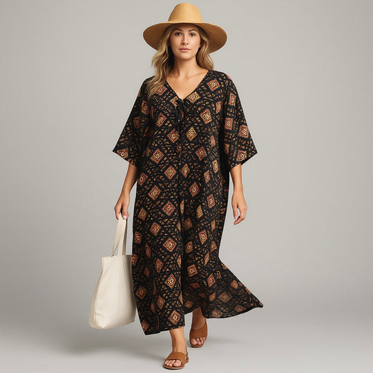 Maya Black Cotton Boho Kaftan Dress- Sizes Available AU 14-30