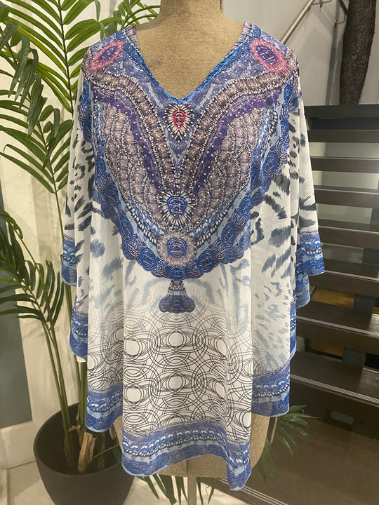 Kyra Relax Fit Bohemian Sheer Embellished  Kaftan Top One Size 10 to 22
