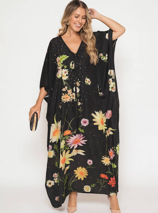 Black Royals Maya Resort Wear Kaftan-Front tie with Bling.Sizes Available AU 16-30