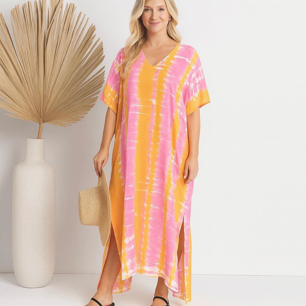 Pink yellow Mia Tie dye Loose, Cotton Kaftan AU 8-16