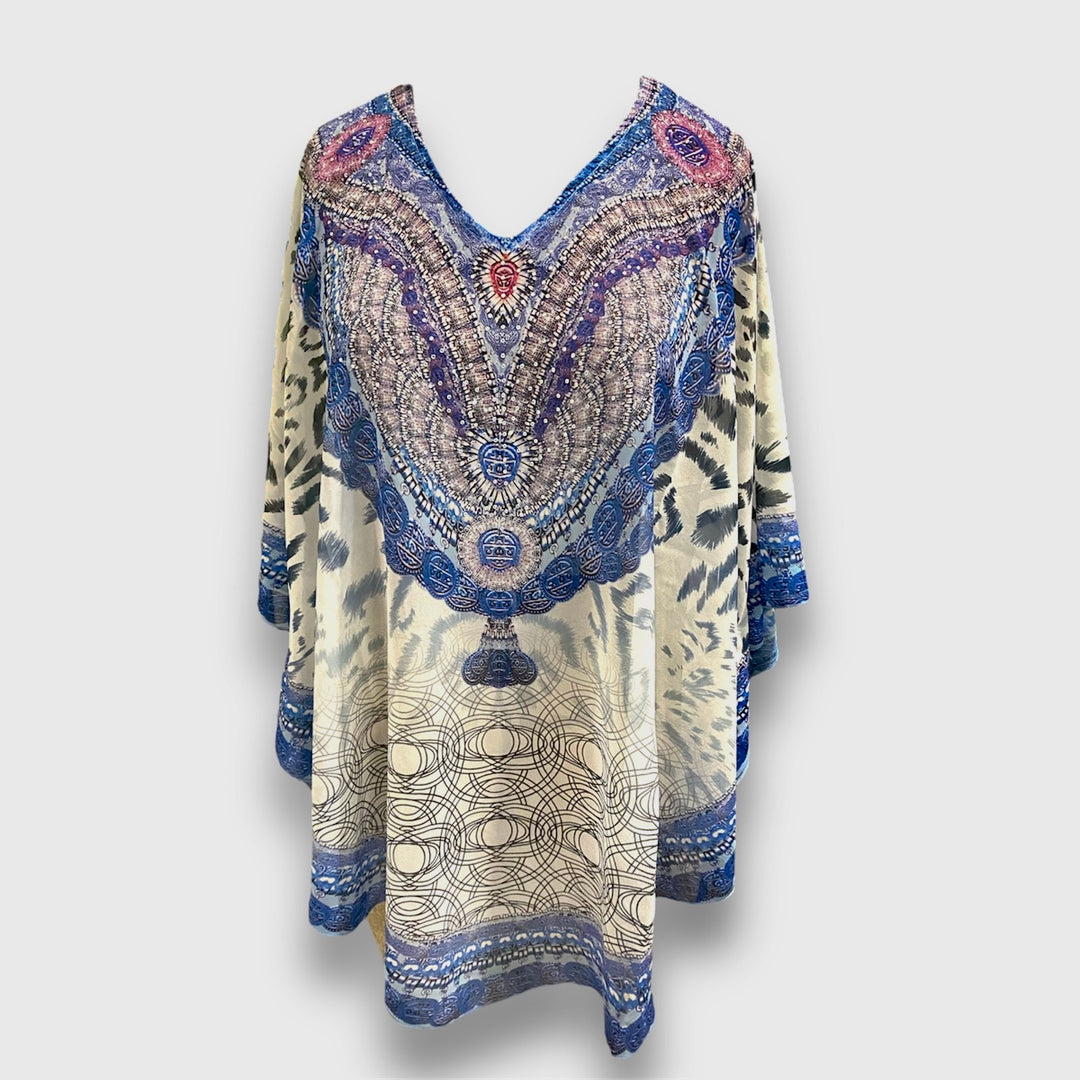 Kyra Relax Fit Bohemian Sheer Embellished  Kaftan Top One Size 10 to 22