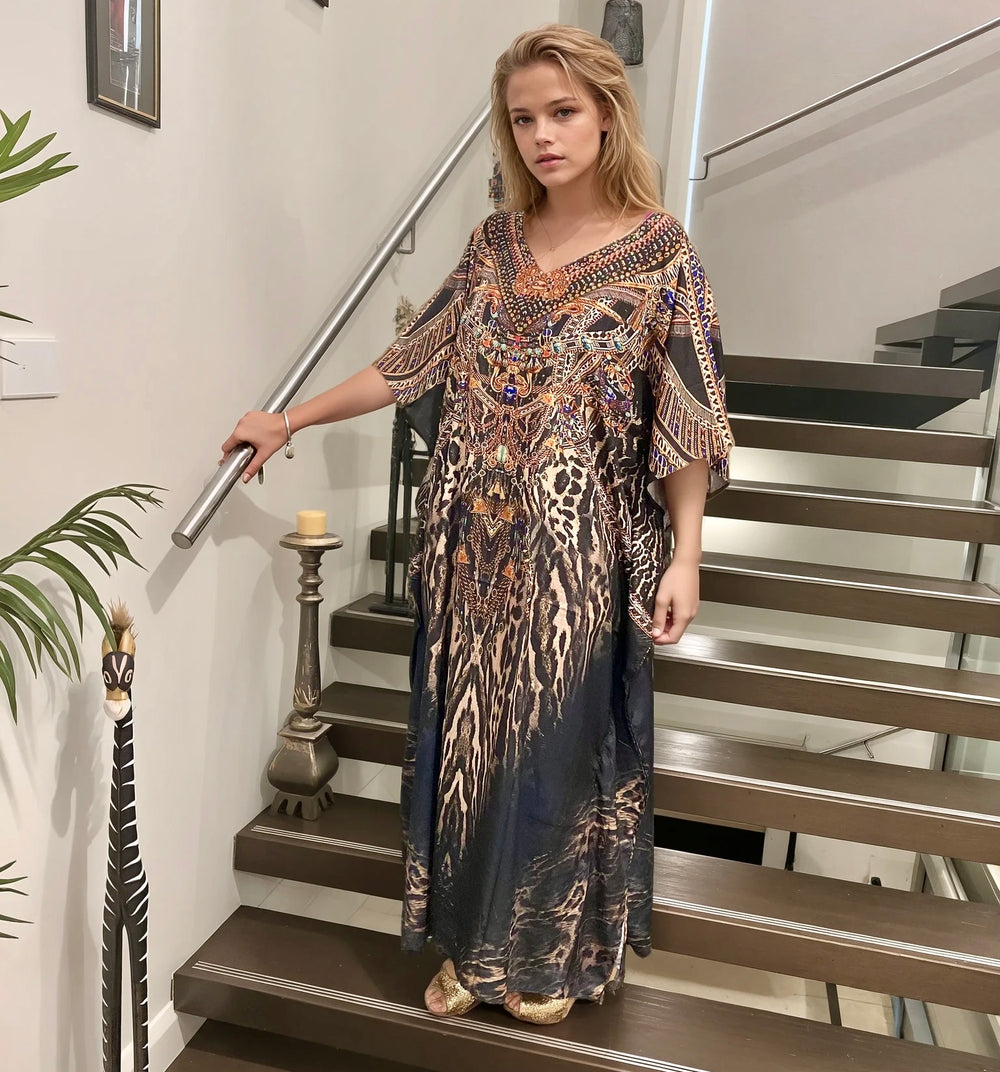 Black Royal Maya Silk Mix Bling Kaftan.Sizes Available AU 12-32