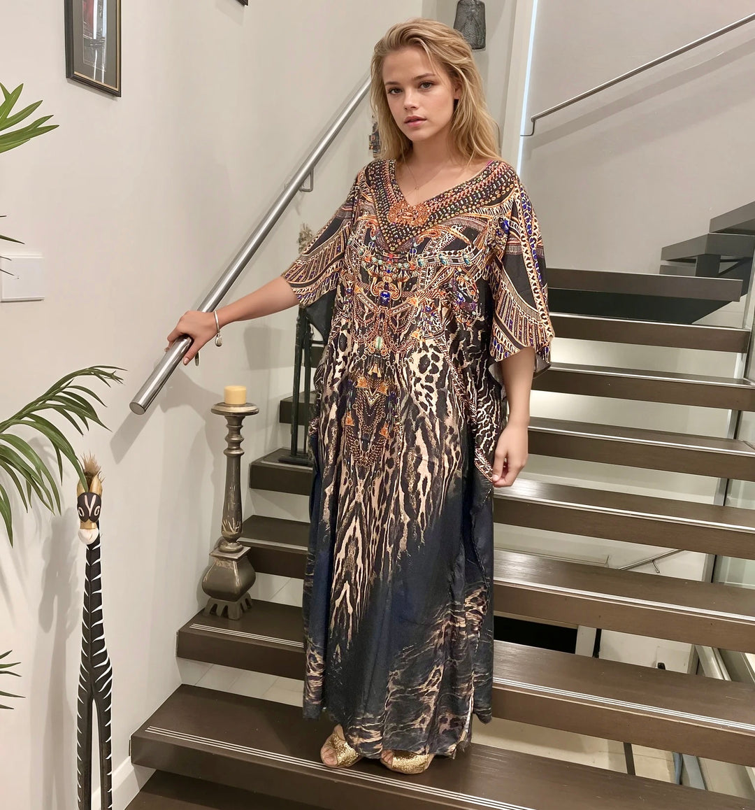 Black Royal Maya Silk Mix Bling Kaftan.Sizes Available AU 12-32