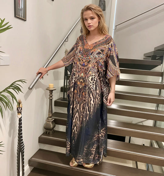 Black Royal Maya Silk Mix Bling Kaftan.Sizes Available AU 12-32