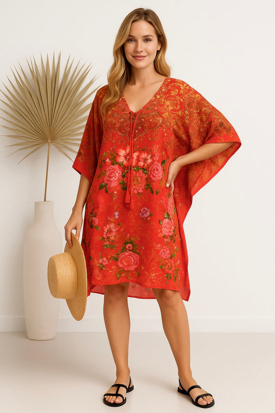 Maya Red Embellished Short Kaftan Tunic Top One Size 10 to 22