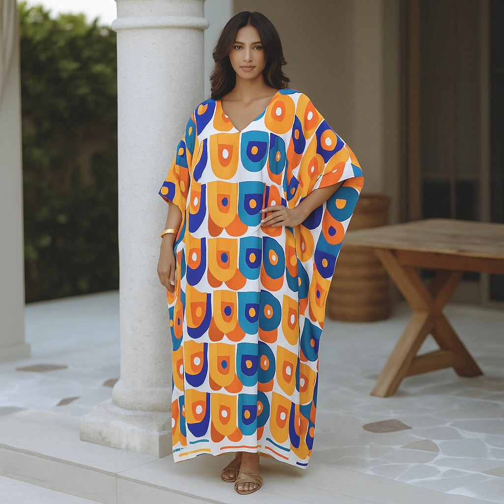 White Geo Maya Plus Size Tropical rayon Kaftan Size-26-32
