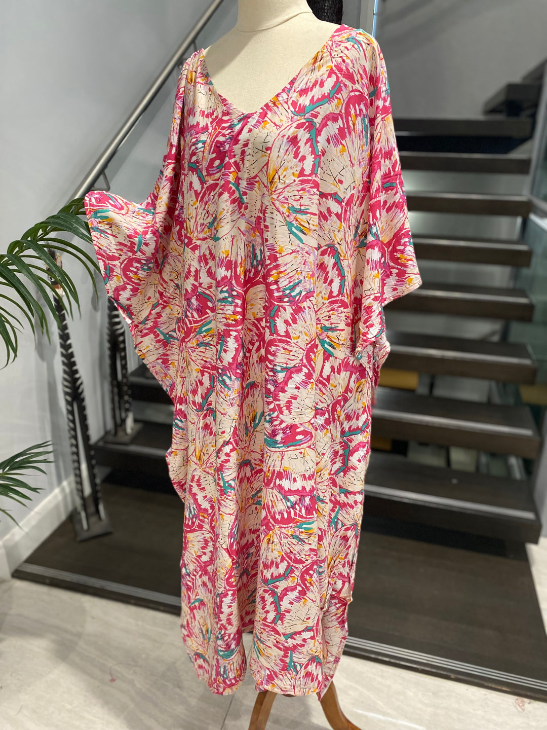 Maya Cool Breezy Pink Butterfly Kaftan Dress 12-22