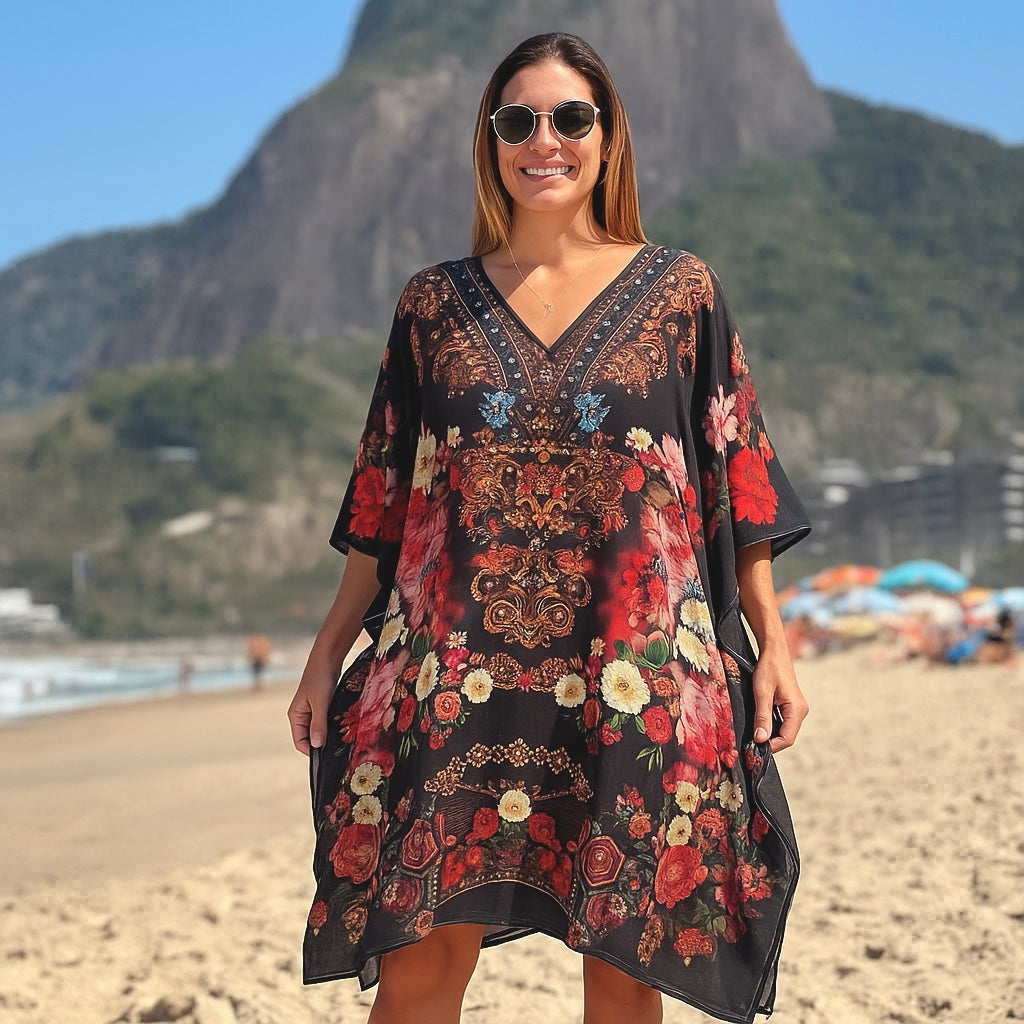 Maya Black Embellished Short Kaftan Tunic Top One Size 10 to 22