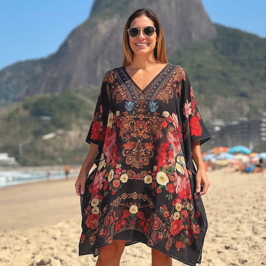 Maya Black Embellished Short Kaftan Tunic Top One Size 10 to 22