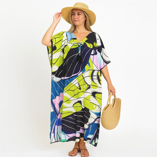 Maya Rayon Cool Breezy Tropical Kaftan. Sizes Available AU 8-28