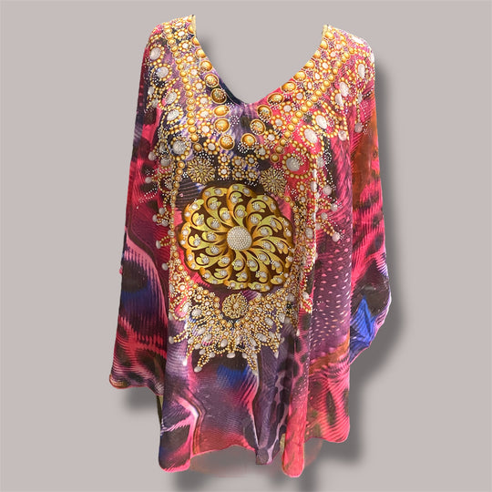 Kyra Relax Fit Bohemian Sheer Embellished  Kaftan Top One Size 10 to 22