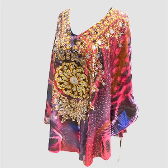 Kyra Relax Fit Bohemian Sheer Embellished  Kaftan Top One Size 10 to 22