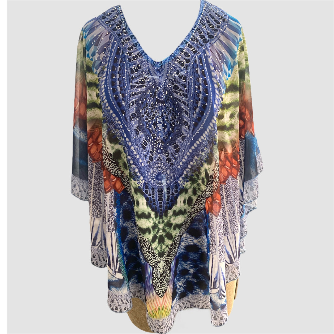 Kyra Relax Fit Bohemian Sheer Embellished  Kaftan Top One Size 10 to 22