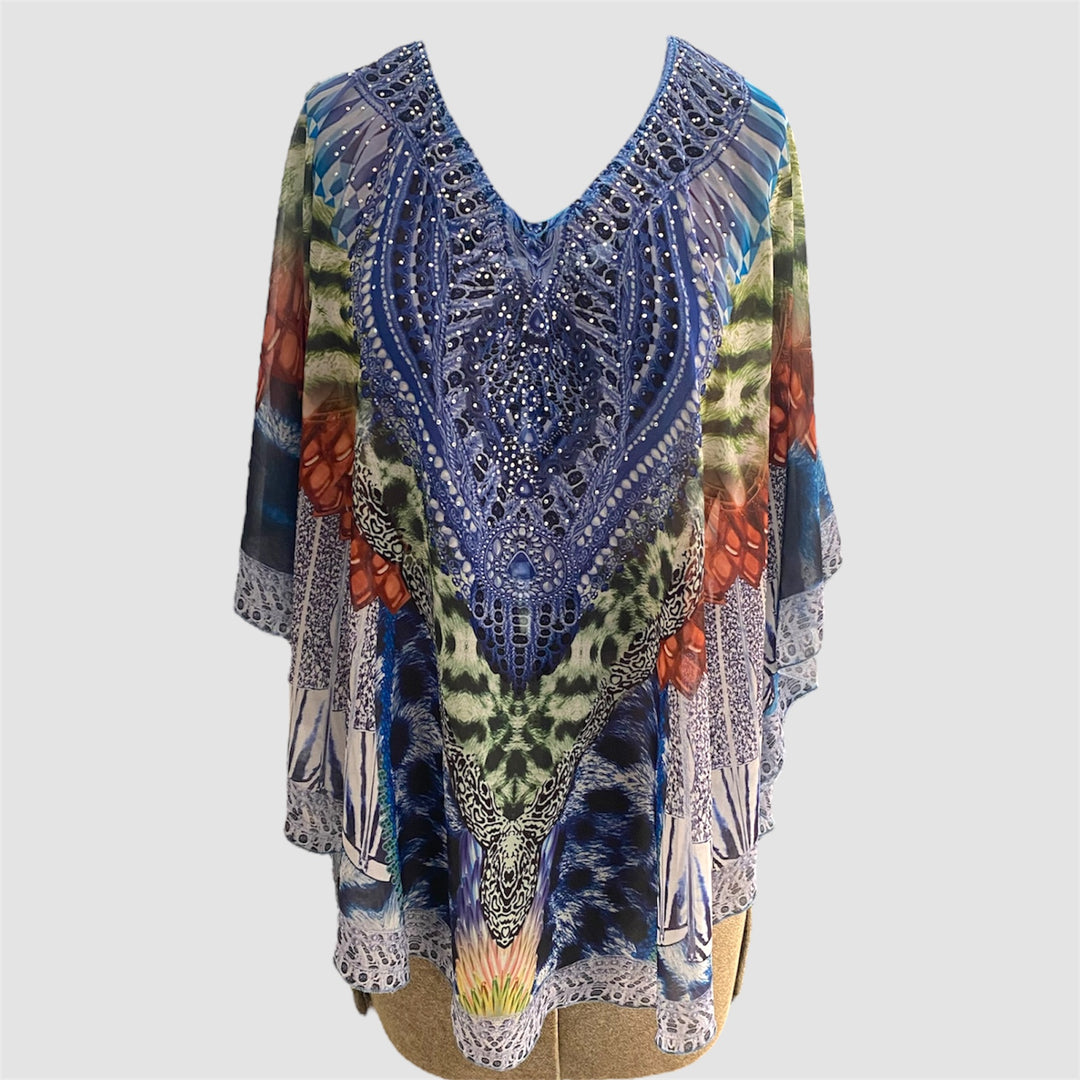 Kyra Relax Fit Bohemian Sheer Embellished  Kaftan Top One Size 10 to 22