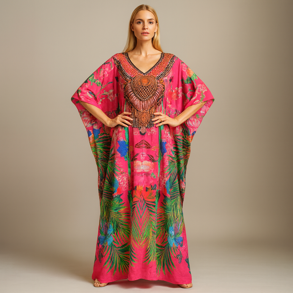 Maya Forest Fern Silk Mix Long Kaftan-Sizes available Au12-32