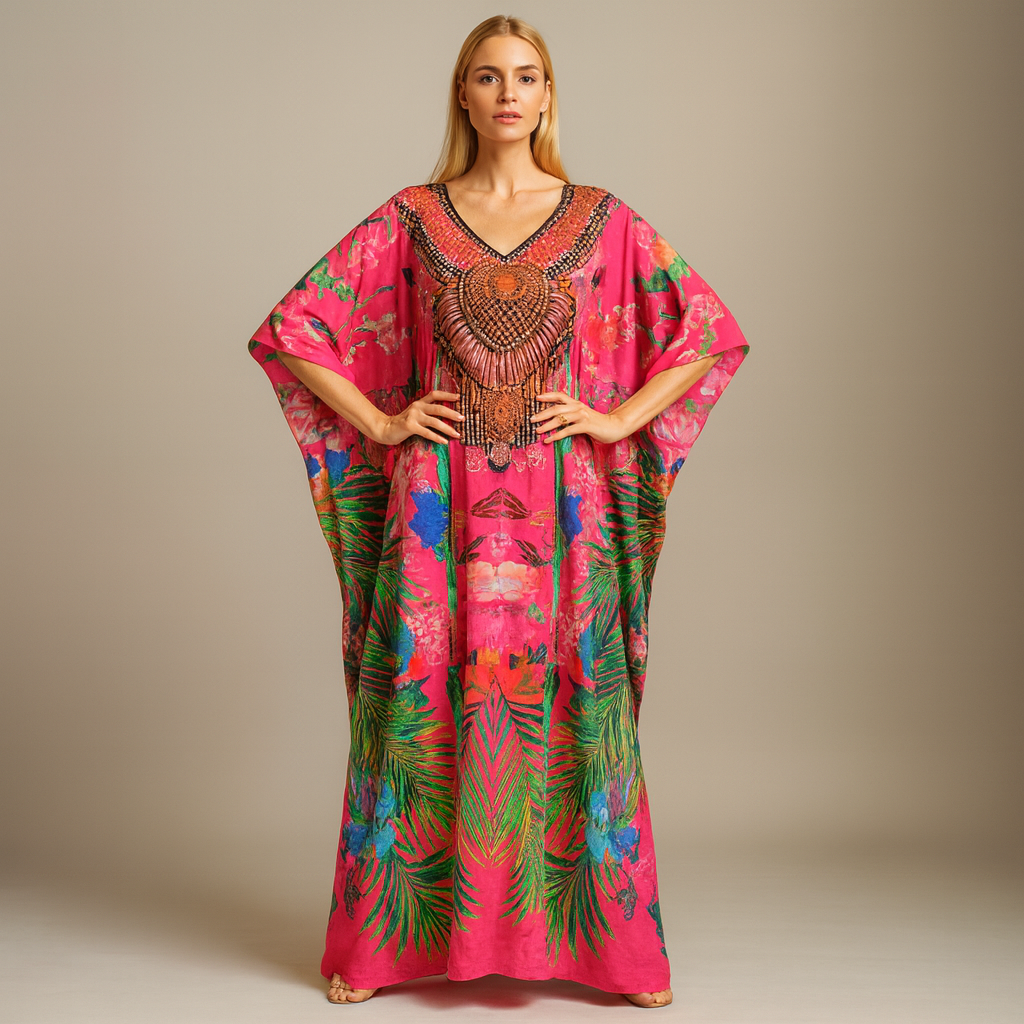 Maya Forest Fern Silk Mix Long Kaftan-Sizes available Au12-32