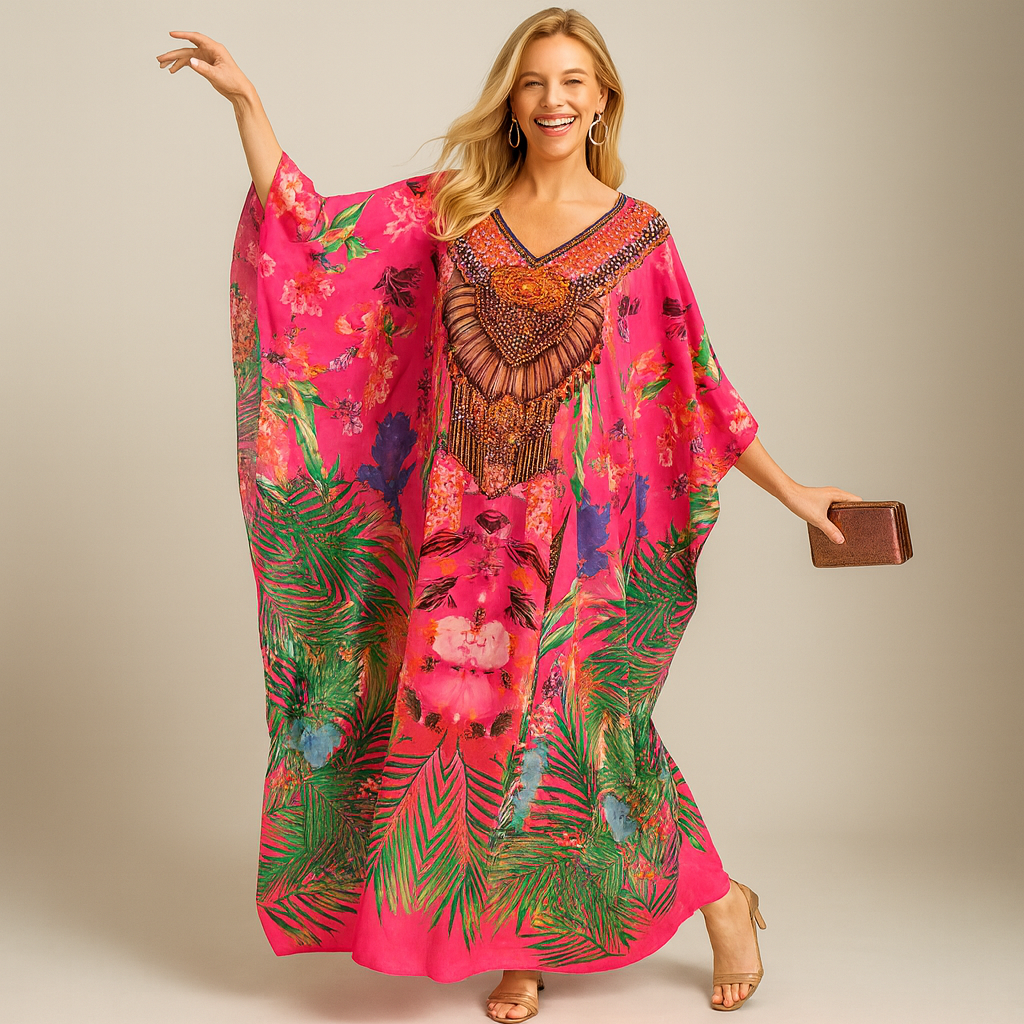 Maya Forest Fern Silk Mix Long Kaftan-Sizes available Au12-32