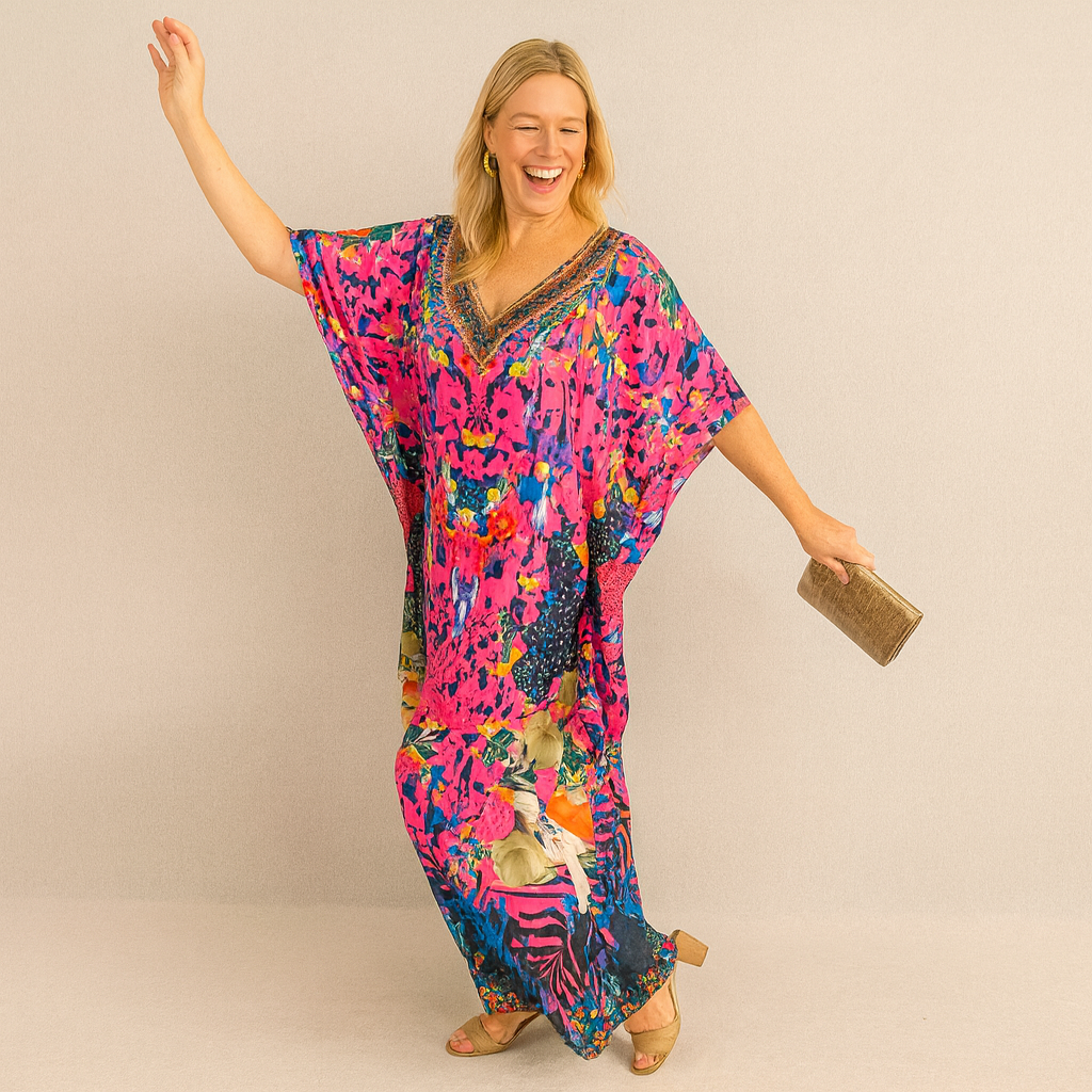 Royal Milaza Maya Silk Mix Bling Kaftan.         Sizes Available AU 12-32