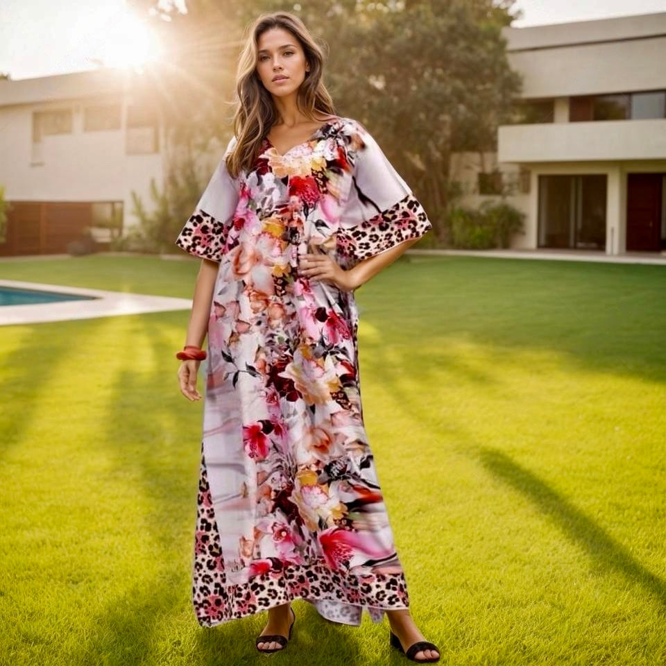 Mia Long Embellished Kaftan Dress-Pink Flora