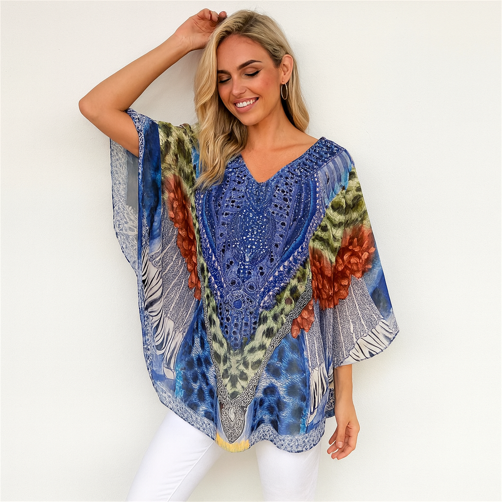 Kyra Relax Fit Bohemian Sheer Embellished  Kaftan Top One Size 10 to 22