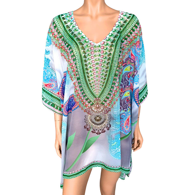Kyra Relax Fit Bohemian Sheer Embellished Kaftan Top One Size 10 to 22