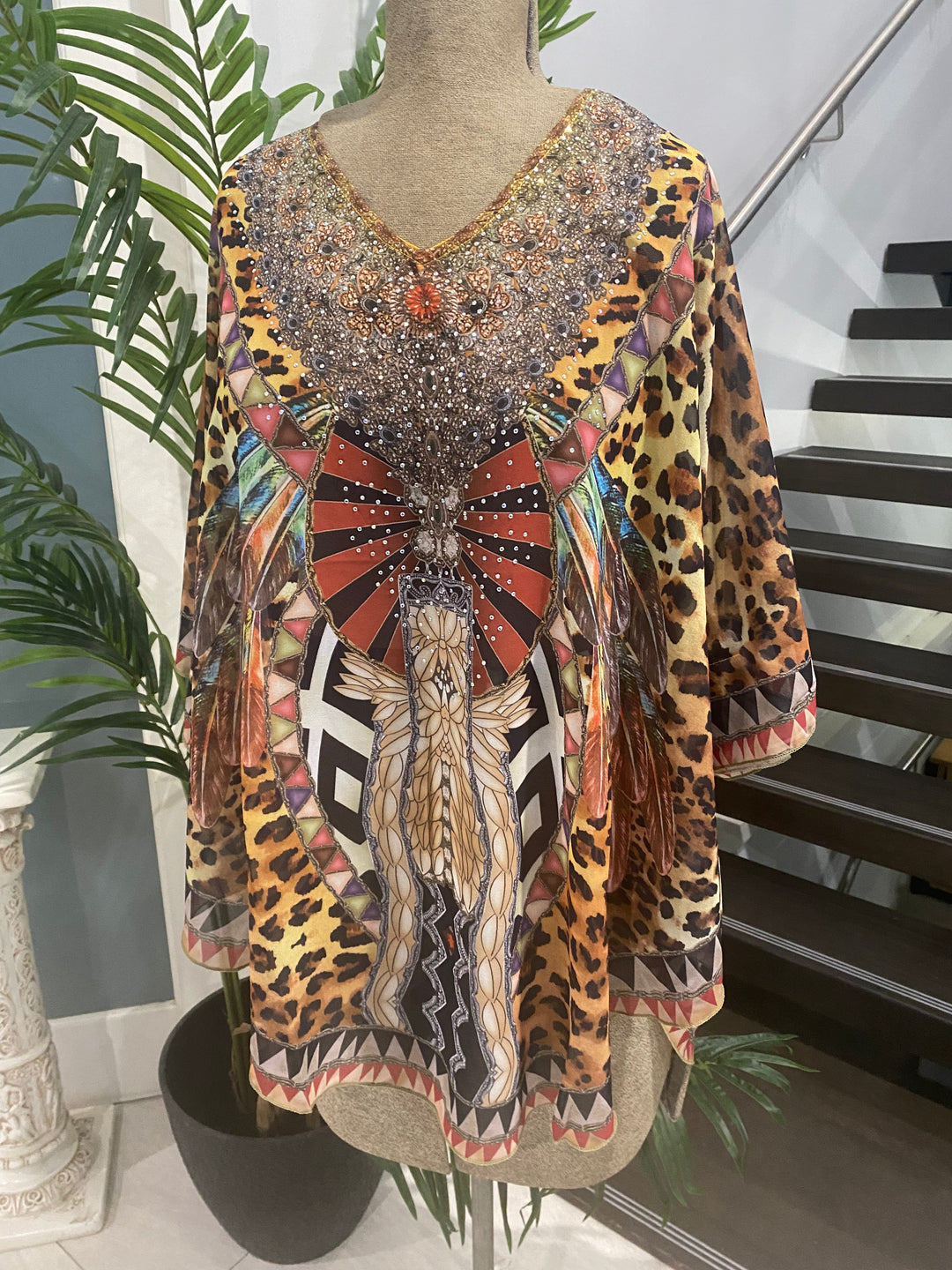 Kyra Relax Fit Bohemian Sheer Embellished  Kaftan Top One Size 10 to 22