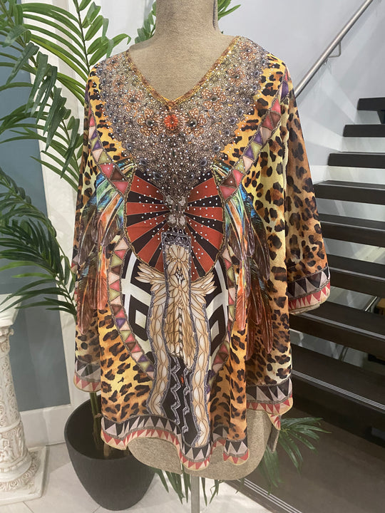 Kyra Relax Fit Bohemian Sheer Embellished  Kaftan Top One Size 10 to 22