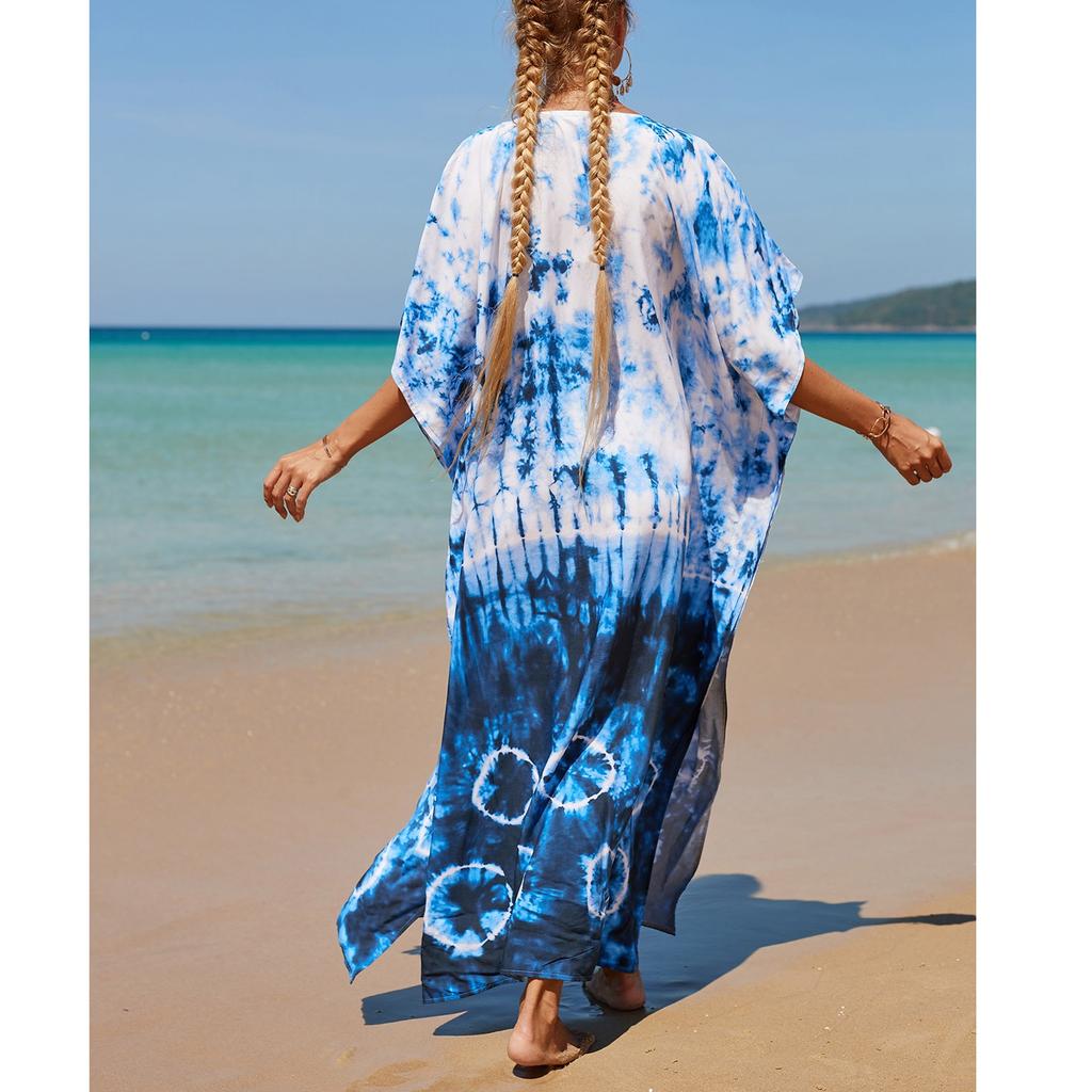 White blue Tropical Resort Cotton Bamboo Maxi Dress