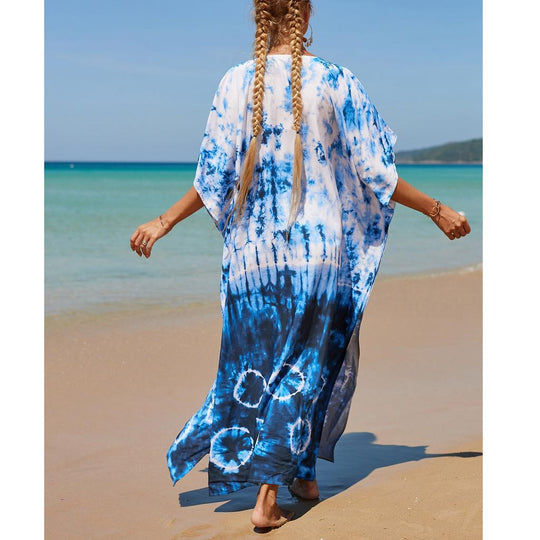 White blue Tropical Resort Cotton Bamboo Maxi Dress