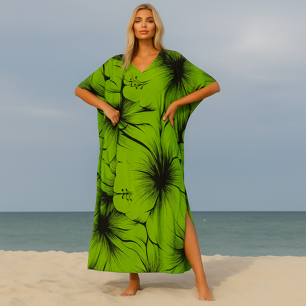 Maya Kaftan Dress One Size Fits All 16 to 26-Green Hibiscus