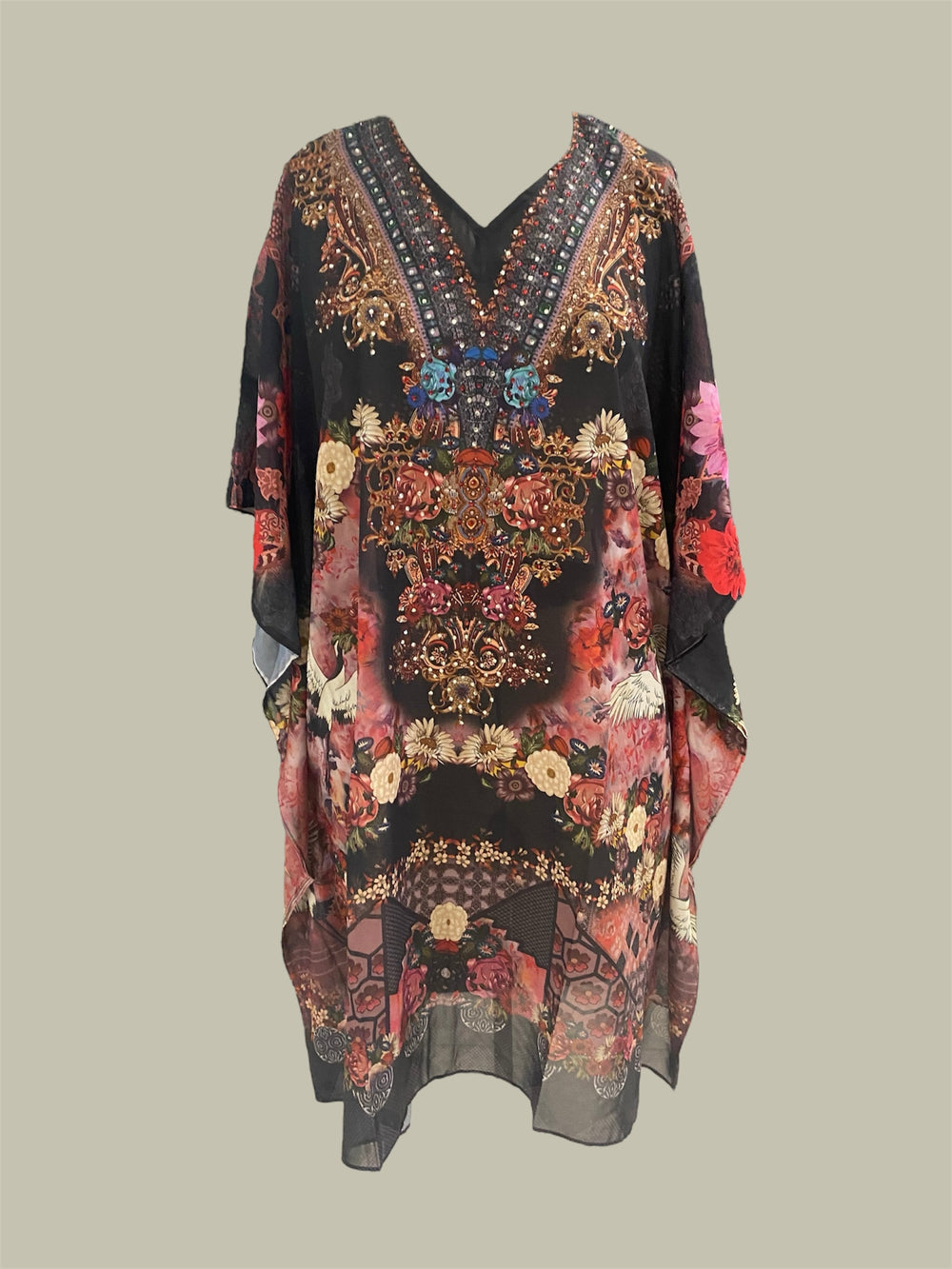 Maya Black Embellished Short Kaftan Tunic Top One Size 10 to 22