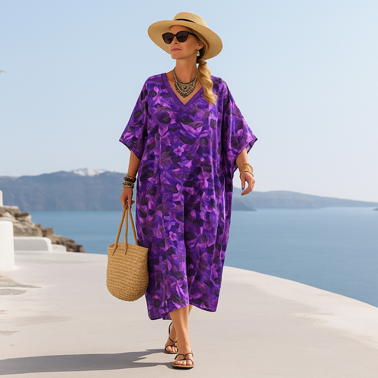 Maya Tropical Purple Rayon  Kaftan Dress O/S AU 12-22