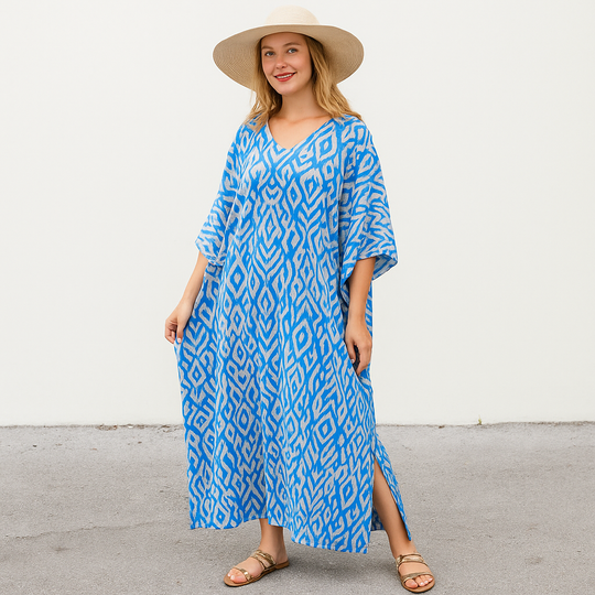 Blue Rayon Maya Kaftan Dress One Size Fits All 16 to 26