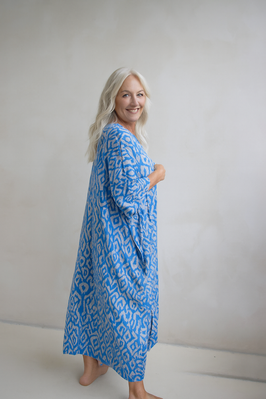 Blue Rayon Maya Kaftan Dress One Size Fits All 16 to 26
