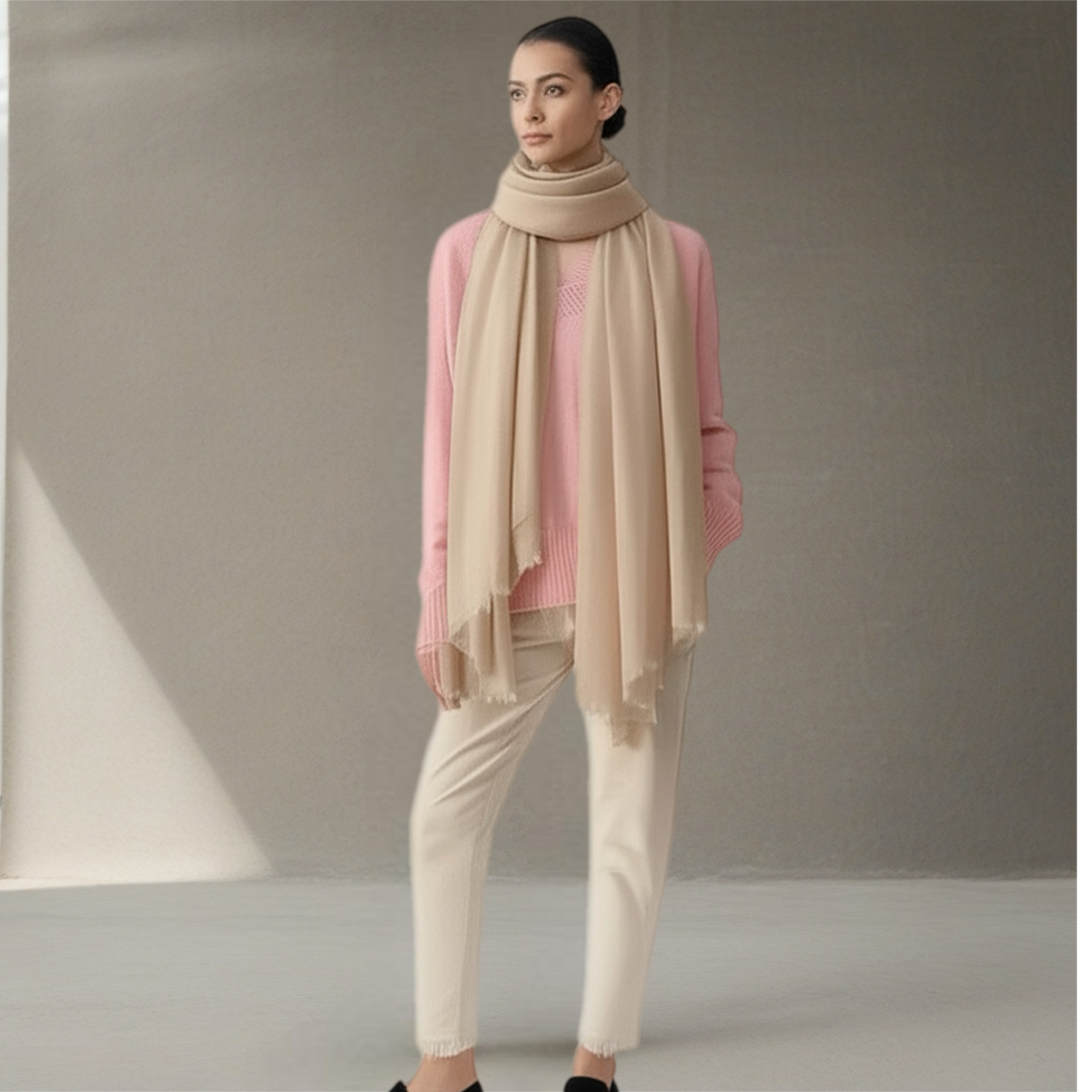 Mist Beige Julian Oversized handwoven pure cashmere scarf